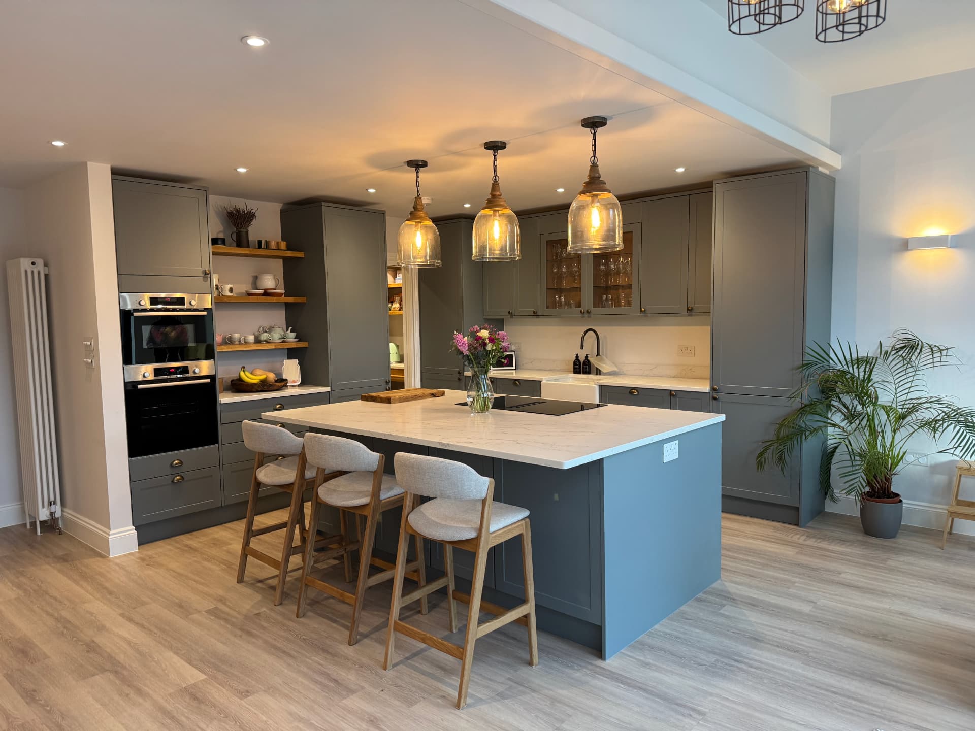 Bespoke grey shaker kitchen with marble island designed by G2 Kitchens